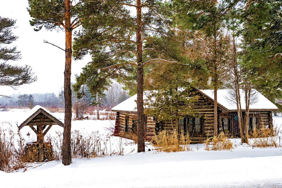 Winter Log Cabin 3 - Paint Photograph by Steve Harrington