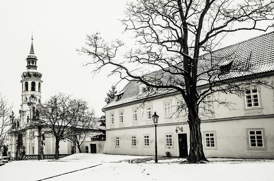 Winter Loreta Black and White 1. Snowy walk in Prague Photograph by Jenny Rainbow