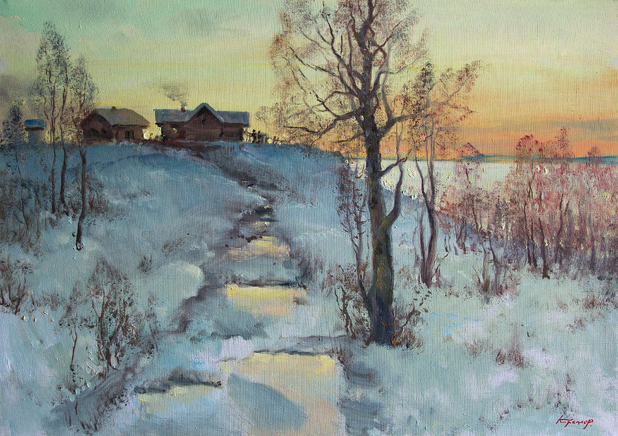 Winter Morning In Village On Lake Painting