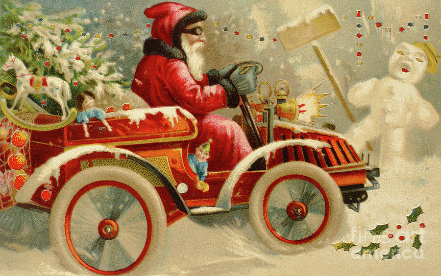 Winter Motoring, Victorian Christmas Card Painting by English School ...