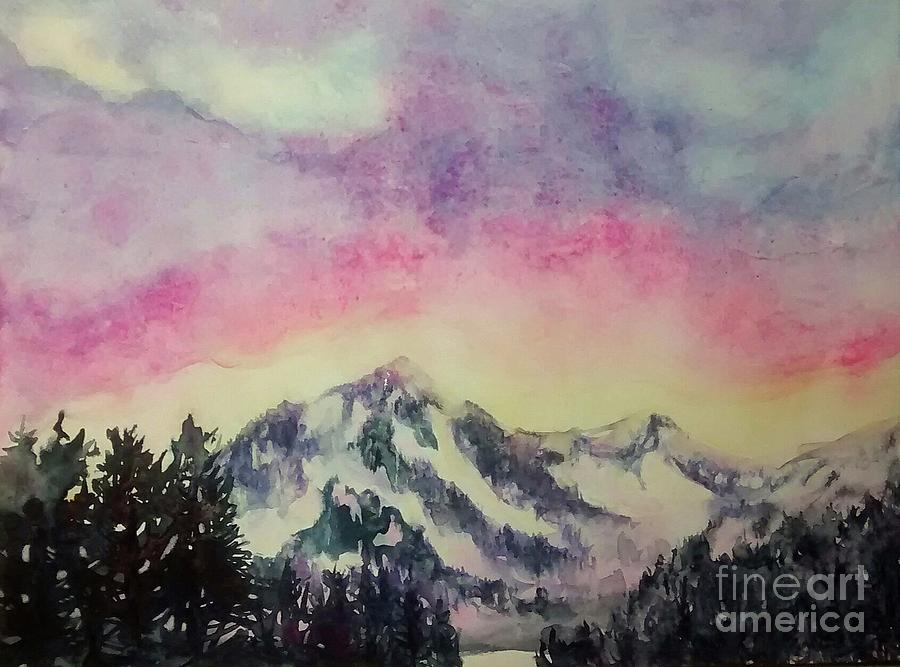 Winter Mountain Sunrise Watercolor Painting
