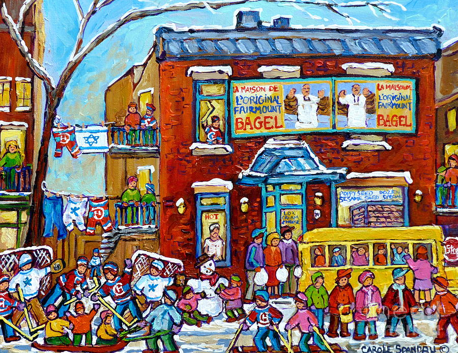 Winter Neighborhood Fun Fairmount Bagel Montreal Scene Hockey Art Montreal Memories Canadian Art   Painting by Carole Spandau