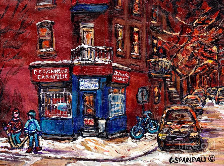 Winter Night Scene Street Hockey Painting Depanneur Caravelle Rue Dufresne Best Montreal Art Scenes Painting by Carole Spandau
