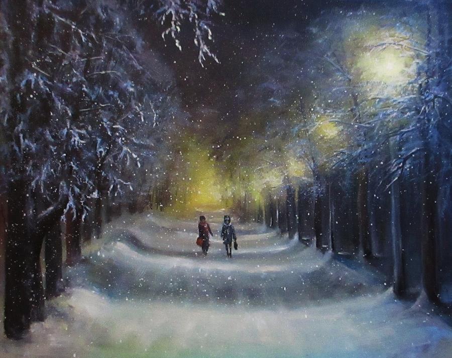 Winter Night Walk Painting