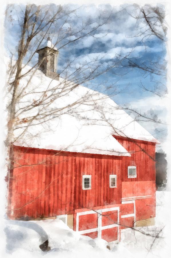 Winter on the Farm Red Barn Newport New Hampshire Digital Art by Edward Fielding