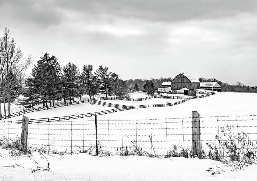 Winter Ontario Farm 3 bw Photograph by Steve Harrington