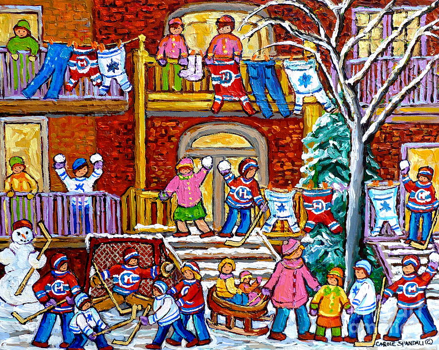 Winter Playground Neighborhood Street Hockey Jerseys Wash Day Duplex Porches Montreal Memories Art Painting by Carole Spandau