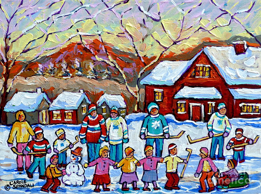 Winter Playground Painting By Canadian Hockey Art Specialist Carole Spandau Skating Sledding Snowman Painting by Carole Spandau