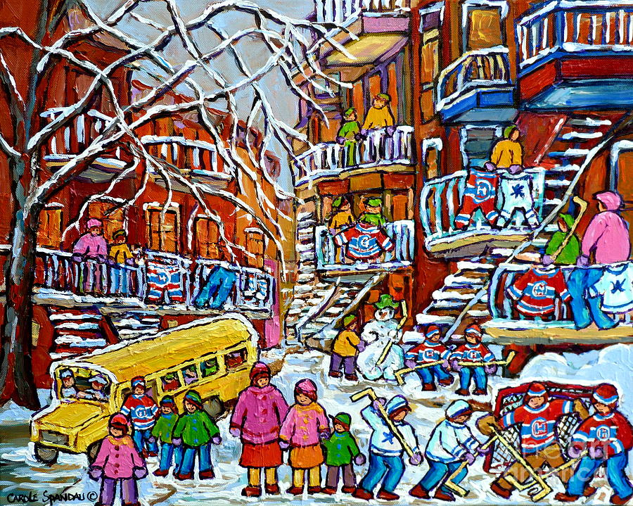 Winter Playground Staircase Scene Balconville Hockey Sweaters Wash Day Montreal Memories C Spandau Painting by Carole Spandau