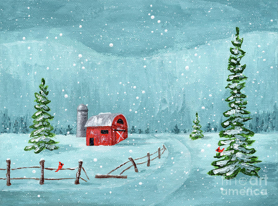 Winter Red Barn Painting by Annie Troe