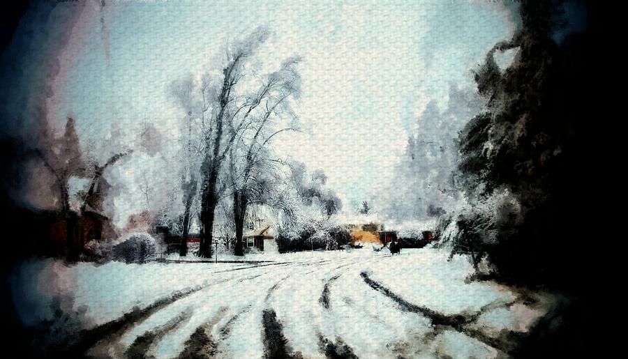 Winter road snow tracks painting sketch of trees and cold season Painting by MendyZ  