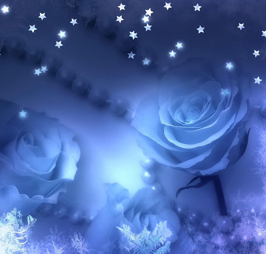 Winter Roses Pearls Stars Mixed Media by Johanna Hurmerinta