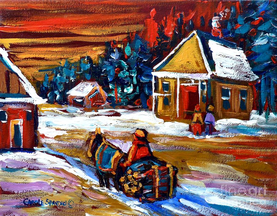 Winter Rural Landscape Caleche Ride Quebec Village Scene Canadian Painting Carole Spandau Painting by Carole Spandau