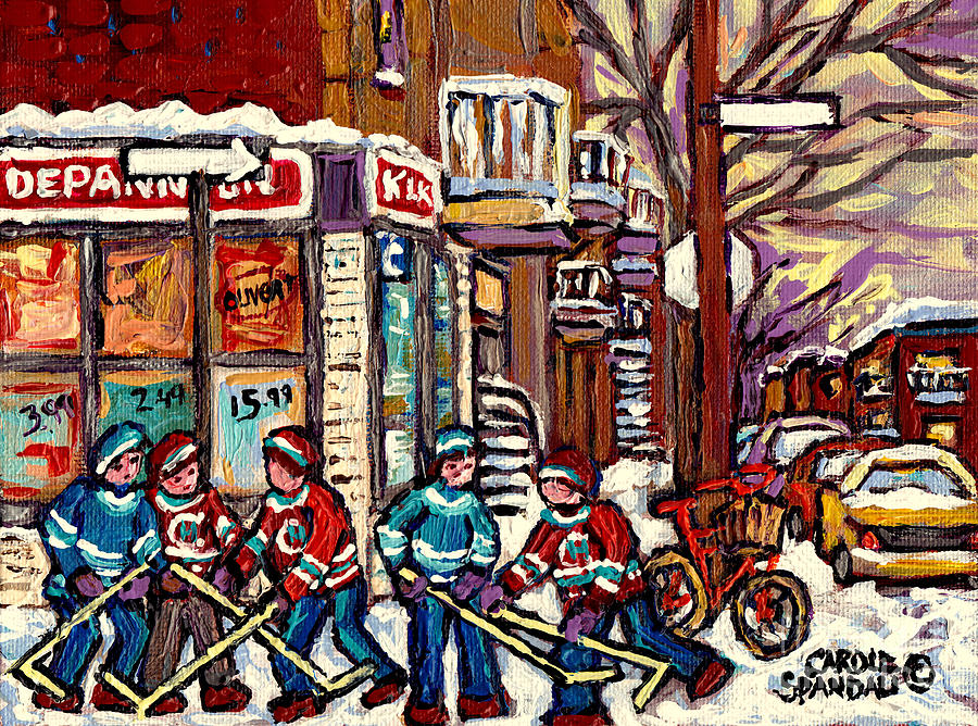 Winter Scene Hockey Painting Verdun Depanneur Kik Cola Bicycle Montreal Canadian Art Carole Spandau  Painting by Carole Spandau