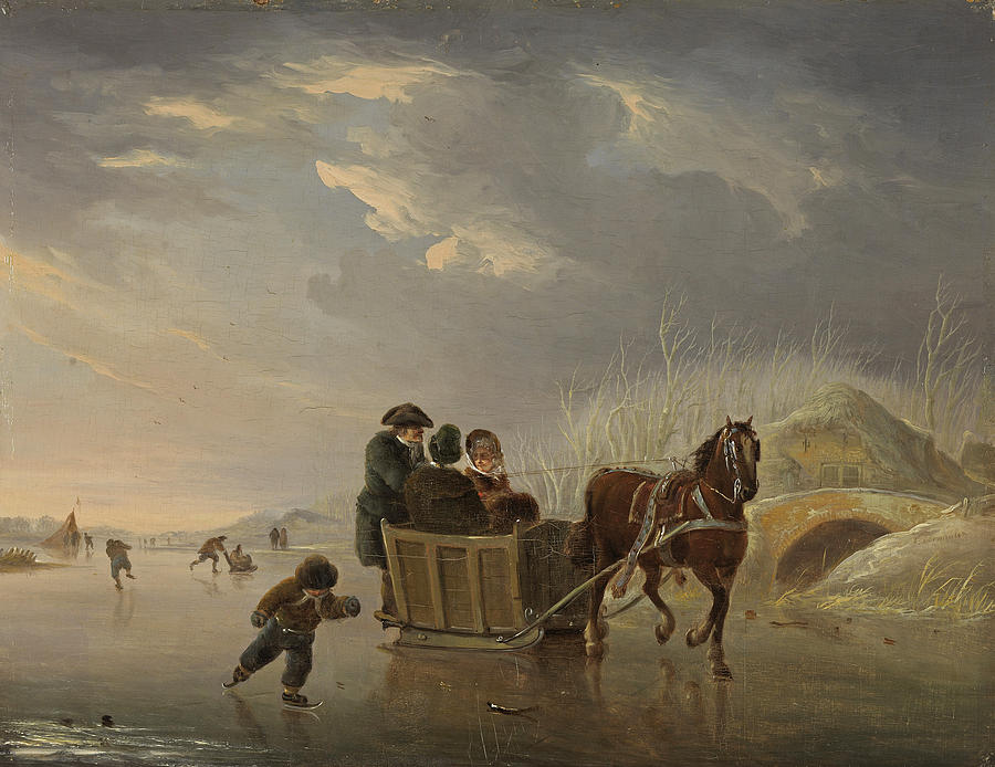 Winter Scene. Horse-Sleigh on the Ice Painting by Andries Vermeulen