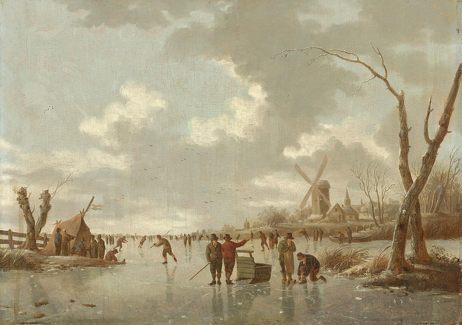 Winter Scene Skaters Frozen River Painting by Hendrik Willem Schweickardt
