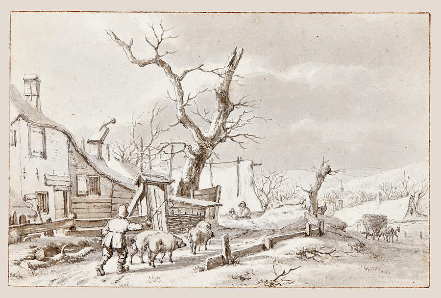 Winter Scene with a Swineherd on a Village Street Drawing by Jacob Cats