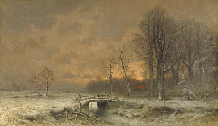 Winter Scene with Setting Sun Painting by Movie Poster Prints