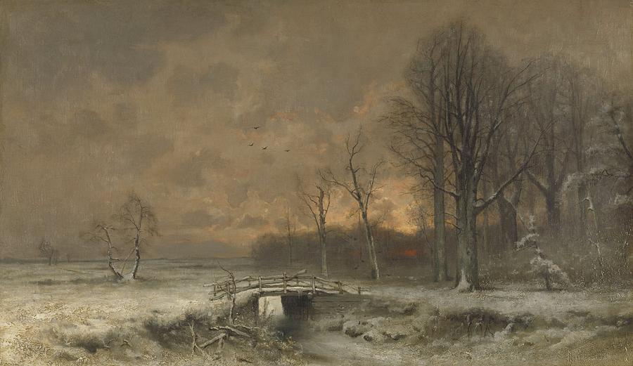 Winter Scene with the Sun Setting Behind Trees, Louis Apol, 1880 - 1930 Painting by Celestial Images
