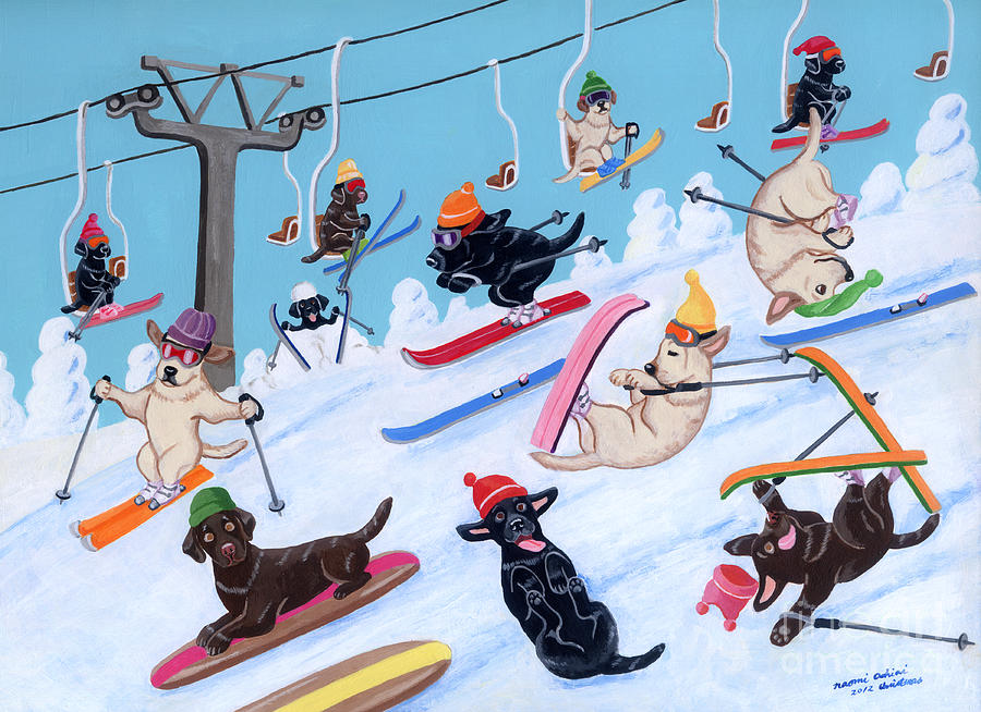 Winter Skiing Labradors Painting by Naomi Ochiai