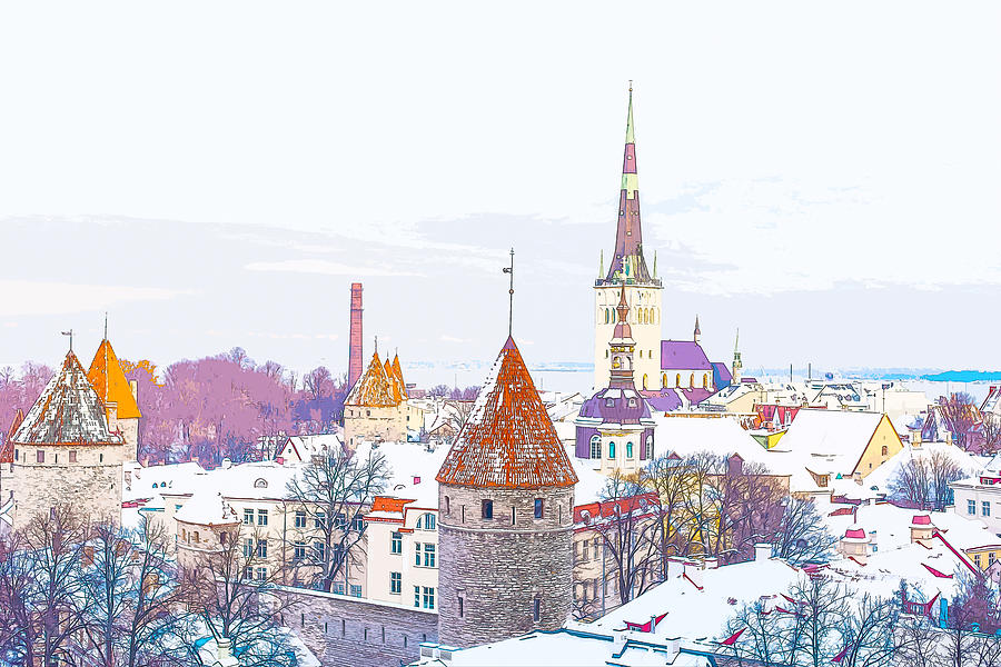 Winter Skyline of Tallinn Estonia Digital Art by Anthony Murphy
