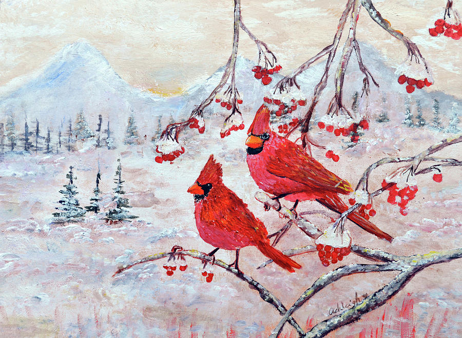 Winter Snow Red Cardinals Painting by Ashleigh Dyan Bayer