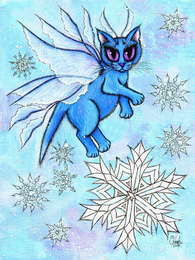 Winter Snowflake Fairy Cat Painting by Carrie Hawks