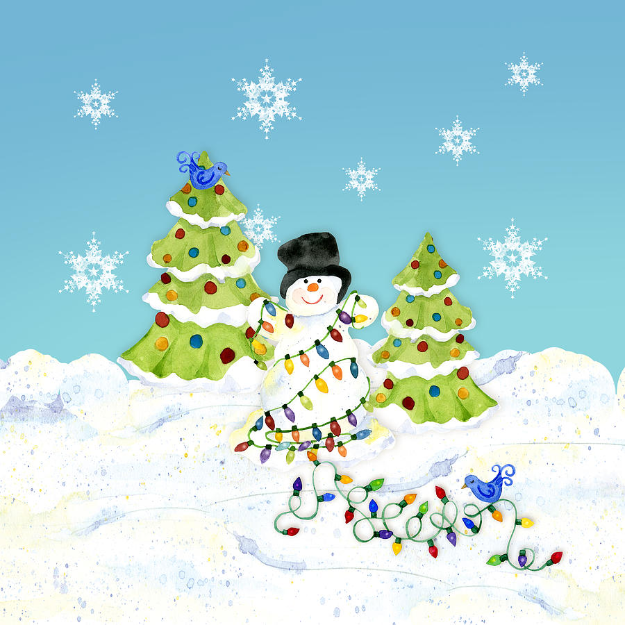 Winter Snowman - All Tangled up in Lights Snowflakes Painting by Audrey Jeanne Roberts