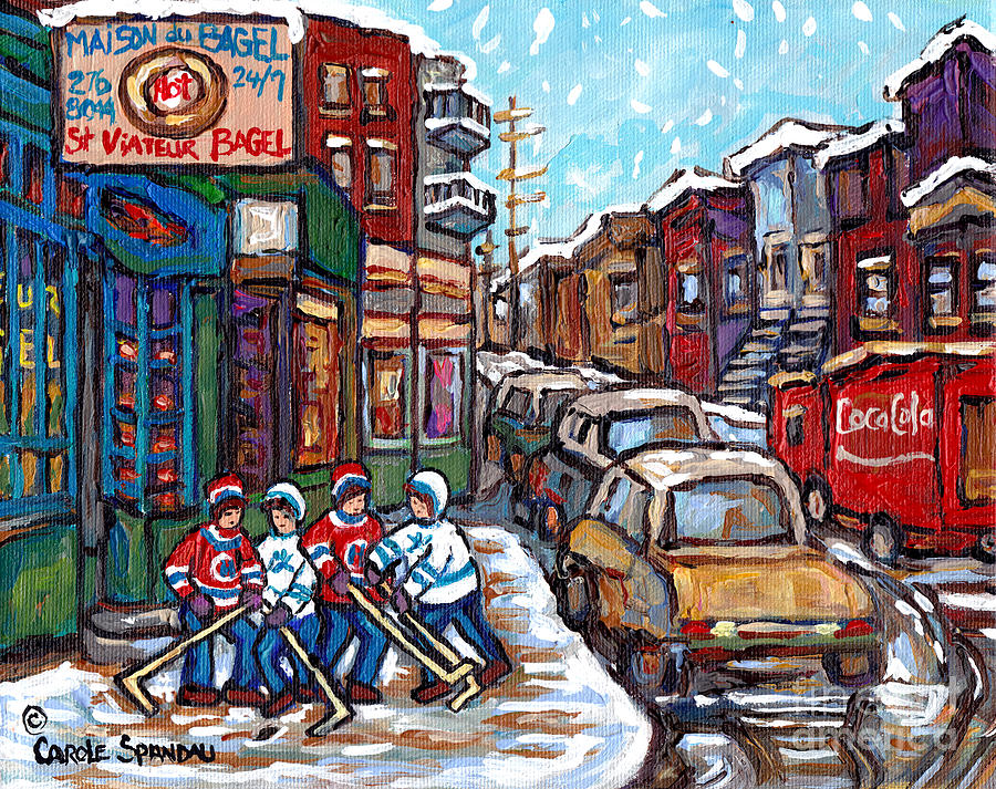 Winter Street Hockey Game Bagel Shop Coca Cola Truck Rue St Viateur Montreal Carole Spandau          Painting by Carole Spandau