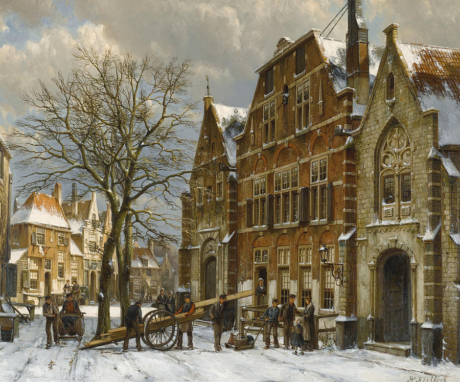 Winter Street Scene. Oudewater Painting by Willem Koekkoek