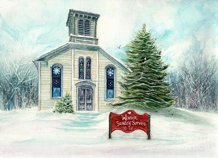 Winter Sunday Service - Country church Painting by Janine Riley