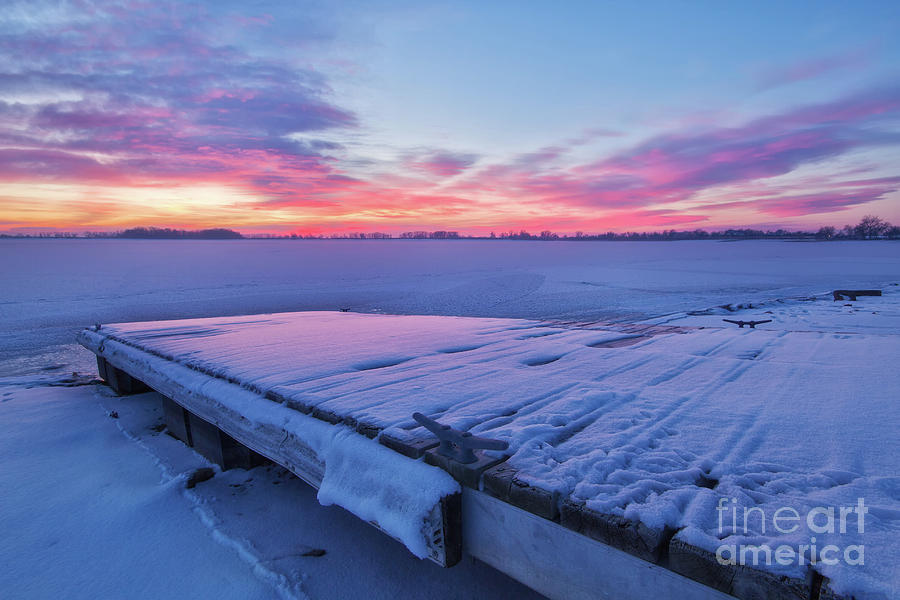 Winter Sunrise on a Snow covered Lake and Fishing Dock Photograph by Ronda Kimbrow