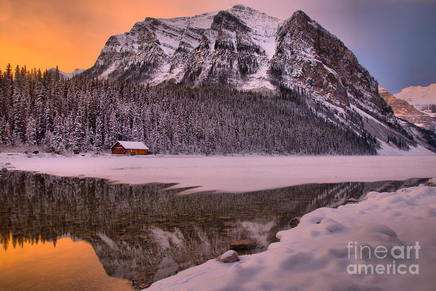 Winter Sunrise Over The Lake Louise Boathouse Photograph by Adam Jewell