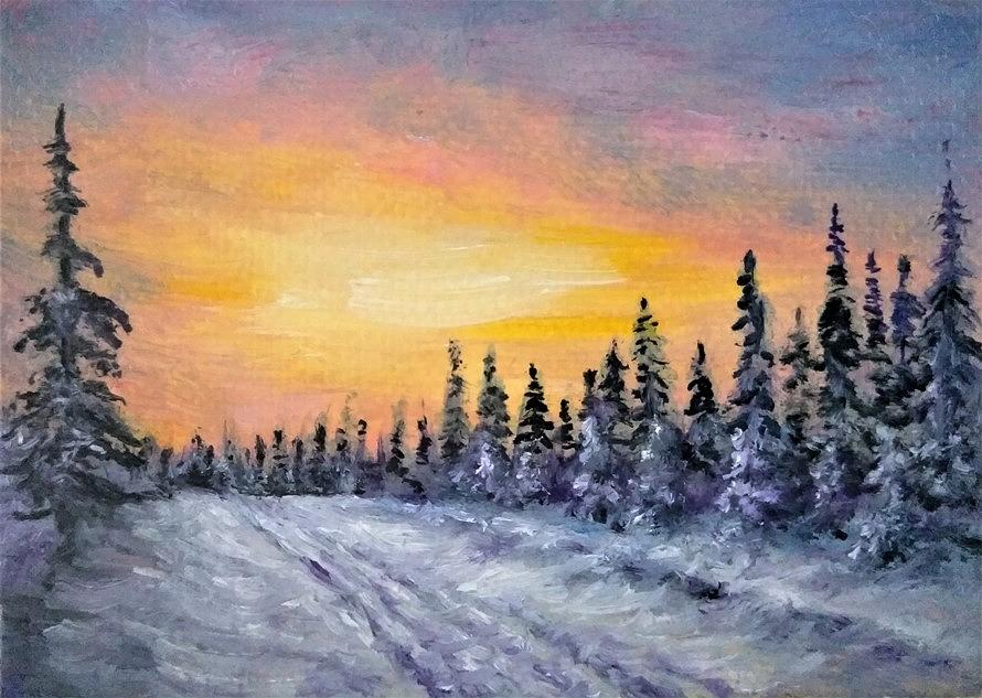 Winter sunset aceo original painting Painting by Natalja Picugina ...