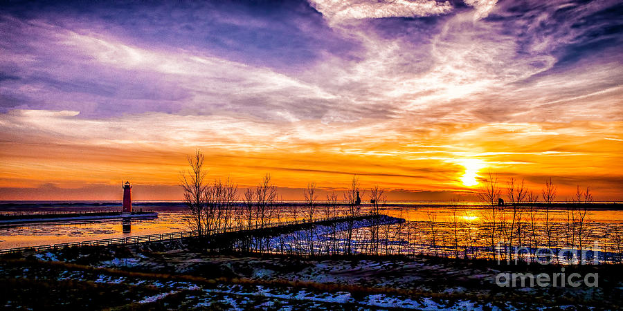 Winter Sunset at Muskegon Light Relief by Nick Zelinsky Jr