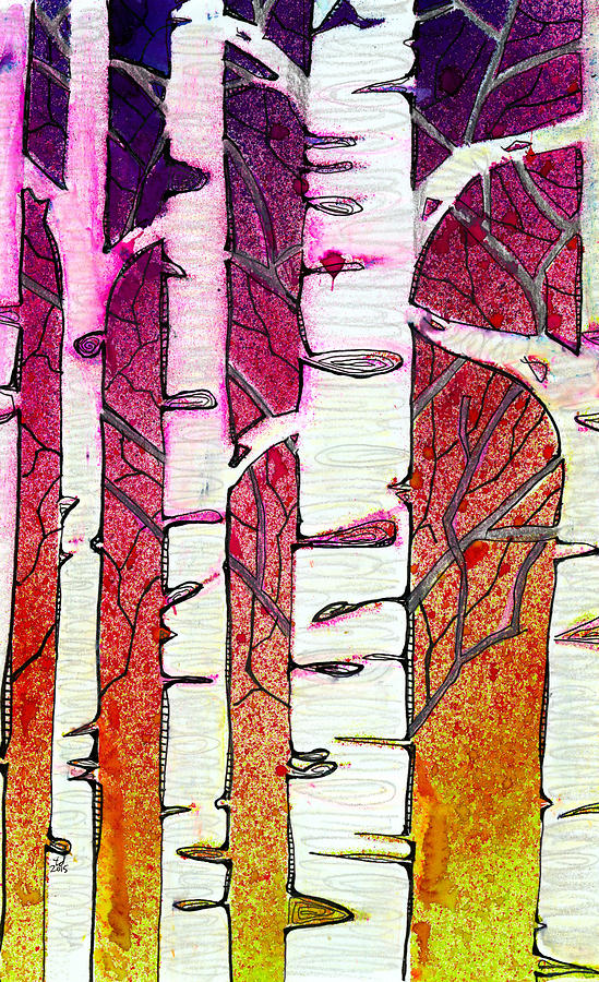 Winter Sunset Birch Painting by Tonya Doughty