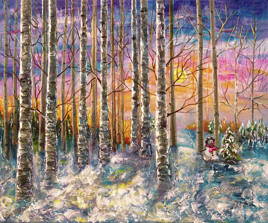 Dylans Snowman - Winter Sunset Landscape Impressionistic Painting with palette knife Digital Art by OLena Art