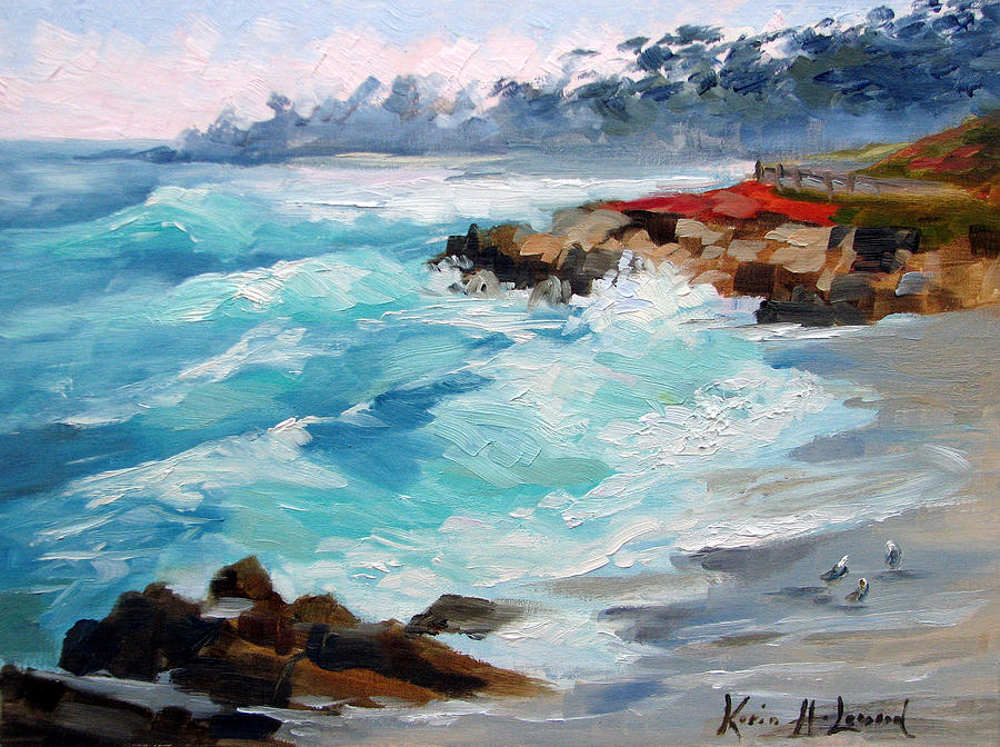 Ocean Sunset Painting - Winter Surf, 17 Mile Drive Carmel by Karin Leonard