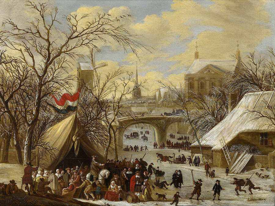 Winter Townscape with A Military Encampment and Figures Skating on The Frozen River Painting by Gerrit Battem