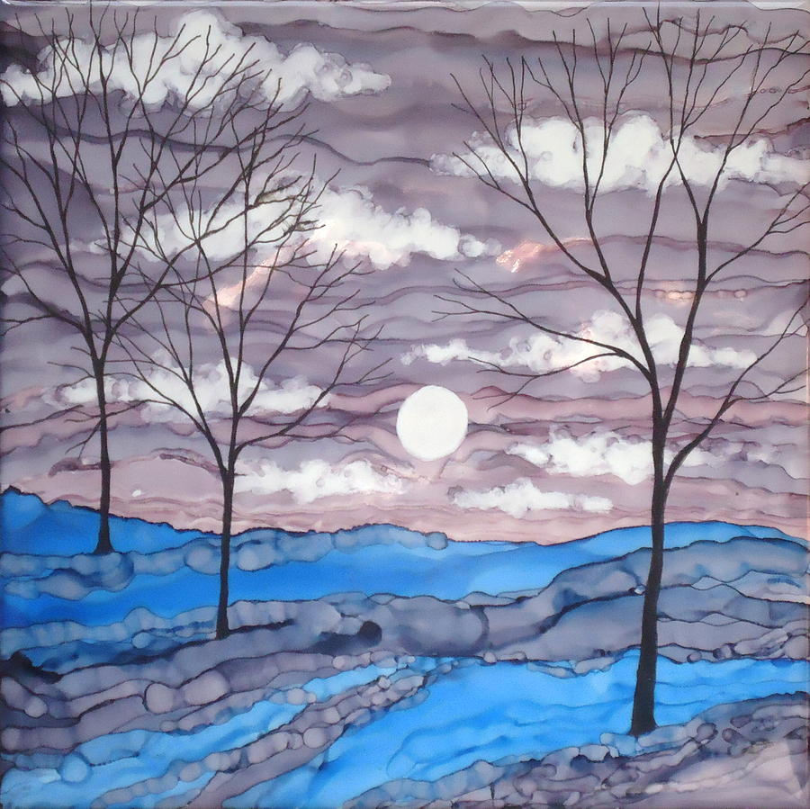 Winter Trees and Moon Landscape Painting by Laurie Anderson
