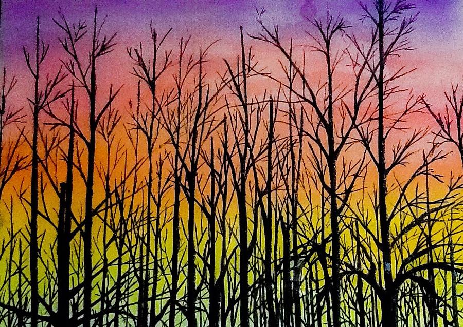 Winter trees at sunset Painting by Ellen Canfield