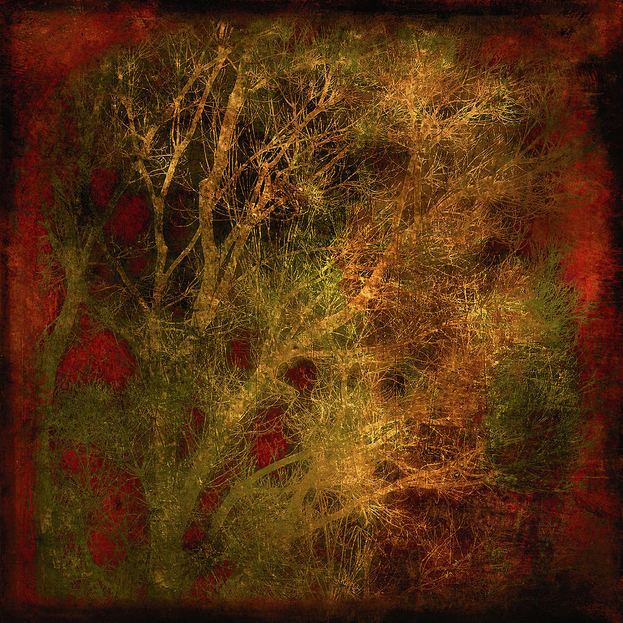 Winter Trees in Gold and Red Digital Art by Sheryl Karas