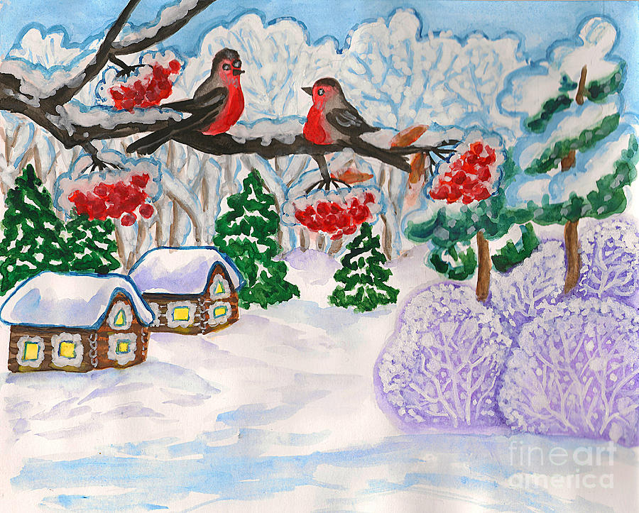 Winter two birds on branch Painting by Irina Afonskaya