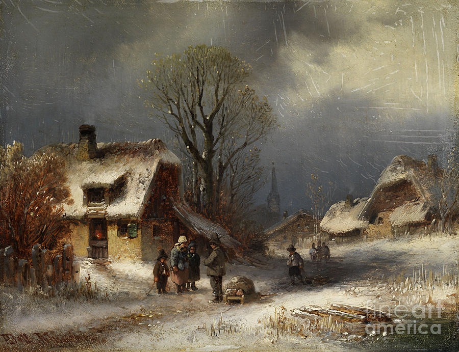 Winter Village Scene Painting by Celestial Images