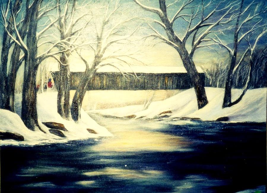 Bridge Painting - Winter Walk At Bennetts Mill Bridge by Gail Kirtz Bridge Painting - Winter Walk At Bennetts Mill Bridge by Gail Kirtz
