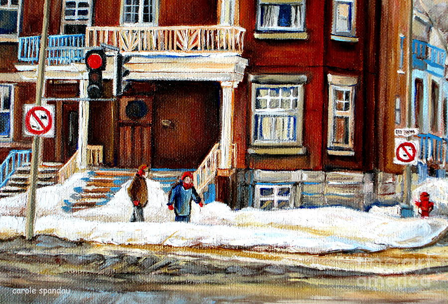 Winter Walk In The City Montreal Snowy Streets Westmount Street Scene Canadian Art Carole Spandau Painting by Carole Spandau