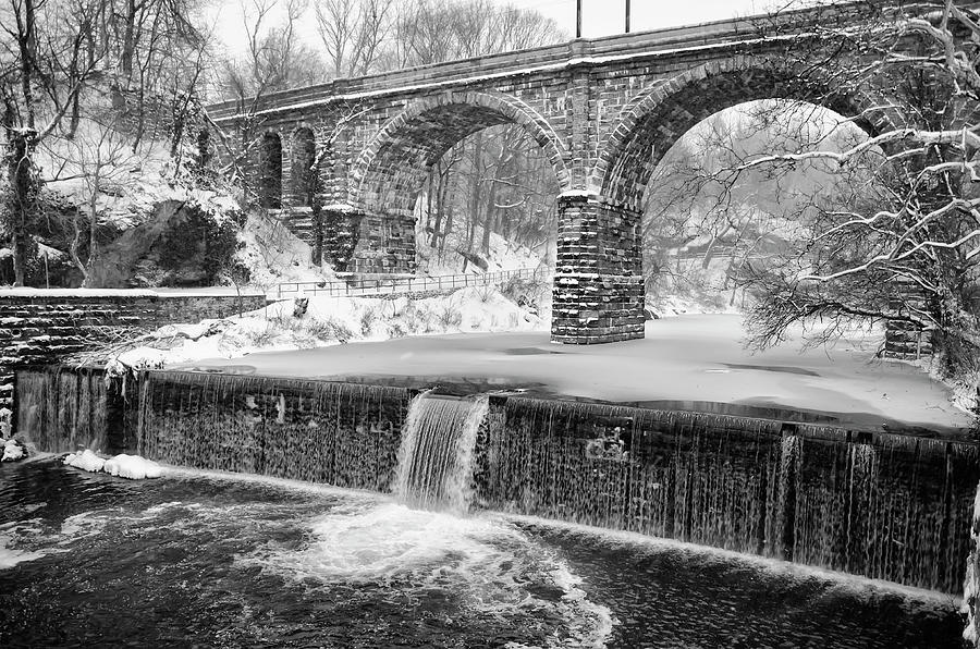 Winter Wonderland along the Wissahickon Creek in Black and White Photograph by Bill Cannon