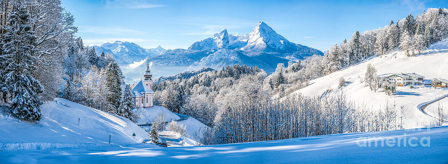 Winter wonderland landscape in the Bavarian Alps with church Photograph by JR Photography