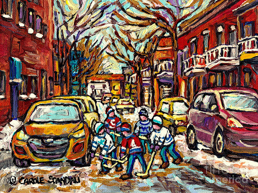 Winter Wonderland Original Hockey Paintings Streets Of The Pointe Canadian City Scene Carole Spandau Painting by Carole Spandau