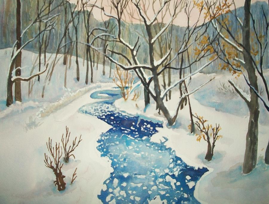 Winter Woodland Brook Painting by Judith Young